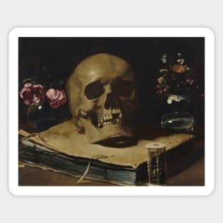 Guercino Still Life Skull Book Hourglass Flowers Sticker